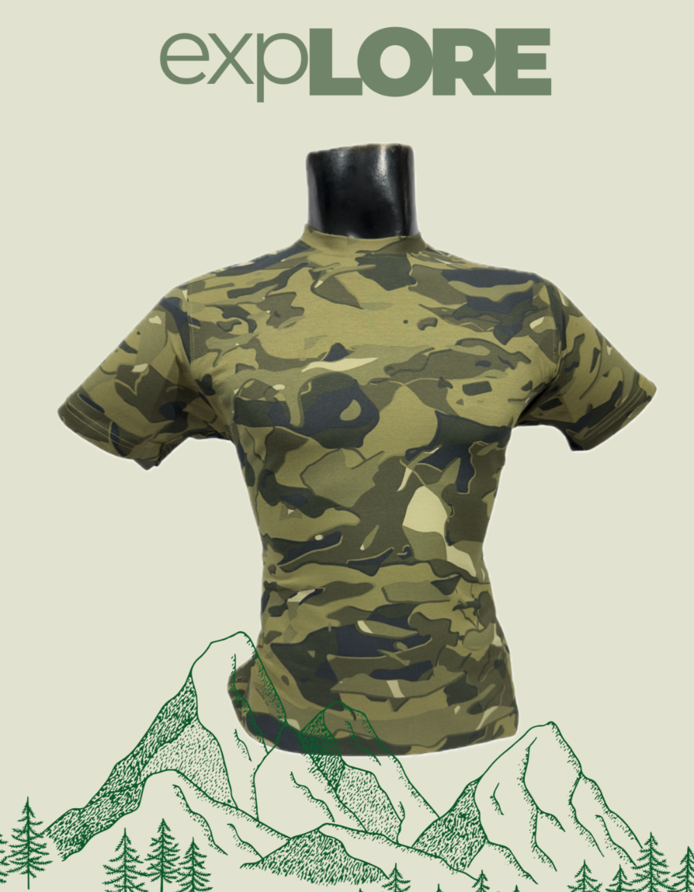 Camouflage t-shirt on a mannequin with 'expLORE' text and mountain and forest graphic