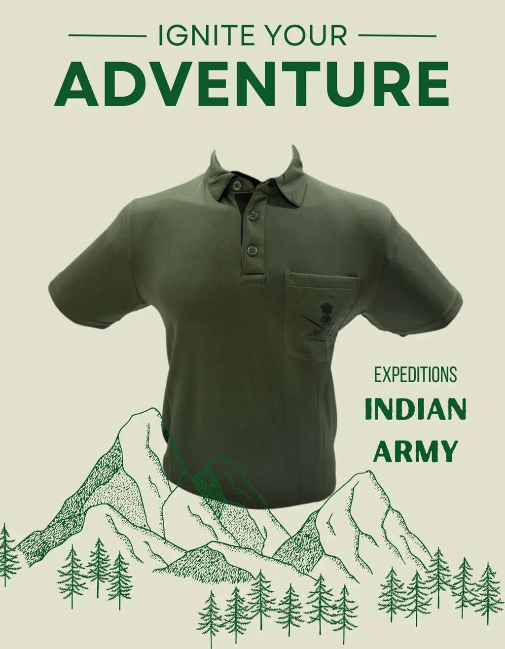 Adventure Hut Indian Army Olive Green Polo T-Shirt | Netted Poly Fabric with Chest Pocket & Logo Print