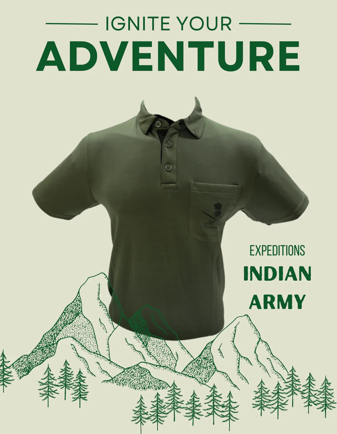 Adventure Hut Indian Army Olive Green Polo T-Shirt | Netted Poly Fabric with Chest Pocket & Logo Print