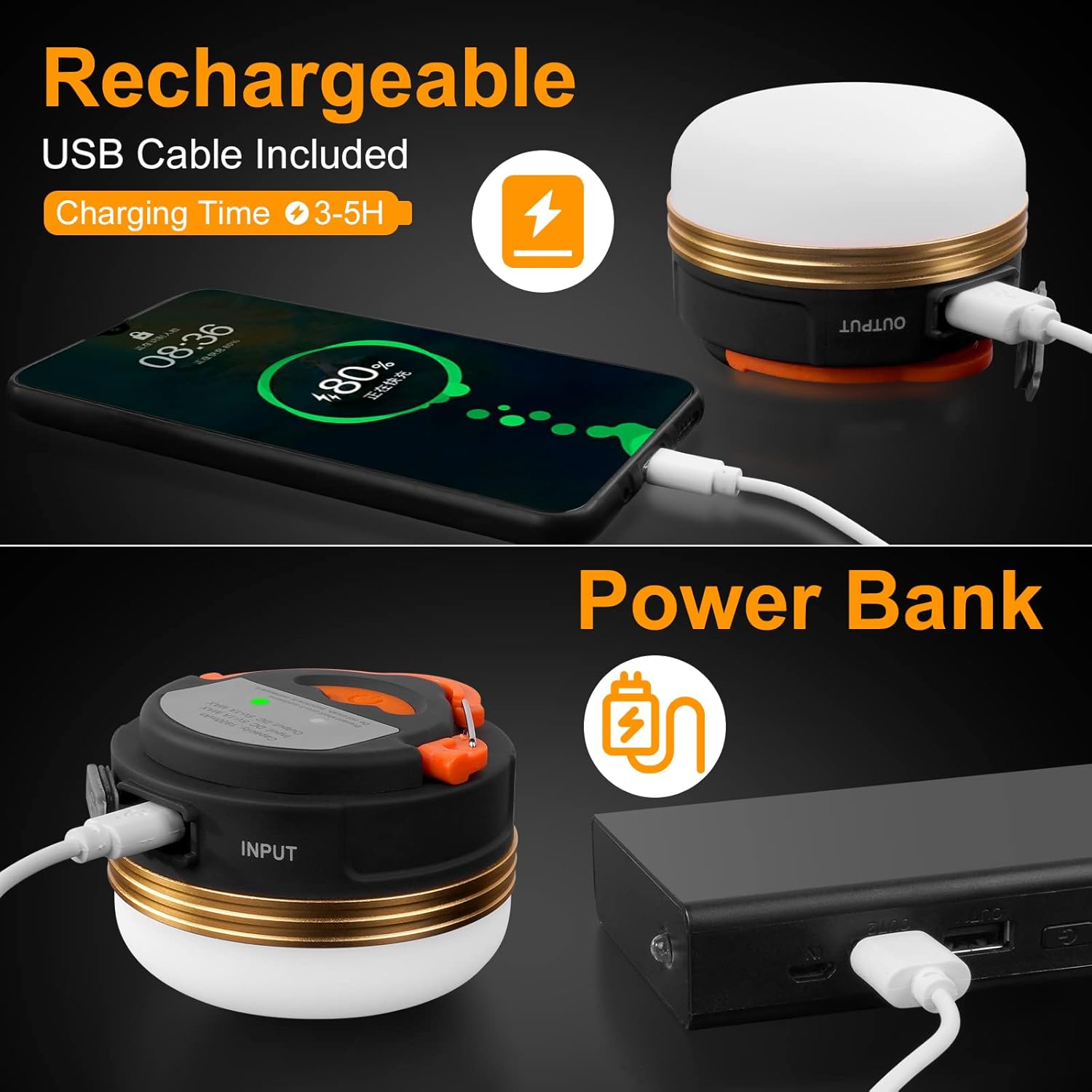 Adventure Hut Rechargeable LED Camping Lantern with 1800mAh Power Bank | Portable USB Tent Light with Hook for Hiking, Emergency & Outdoor Use
