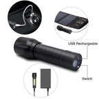 Black USB rechargeable flashlight with labeled switch, shown charging via car, solar panel, and power bank.