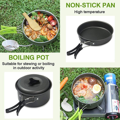 Cluemart Camping kichen Accessories for Outdoor Mess Kit,Cooking Equipment 10 Piece Cookset | Lightweight, Compact, Durable Pot Pan Bowls with Free Folding Spork and Nylon Bag (for 1-2 Person)