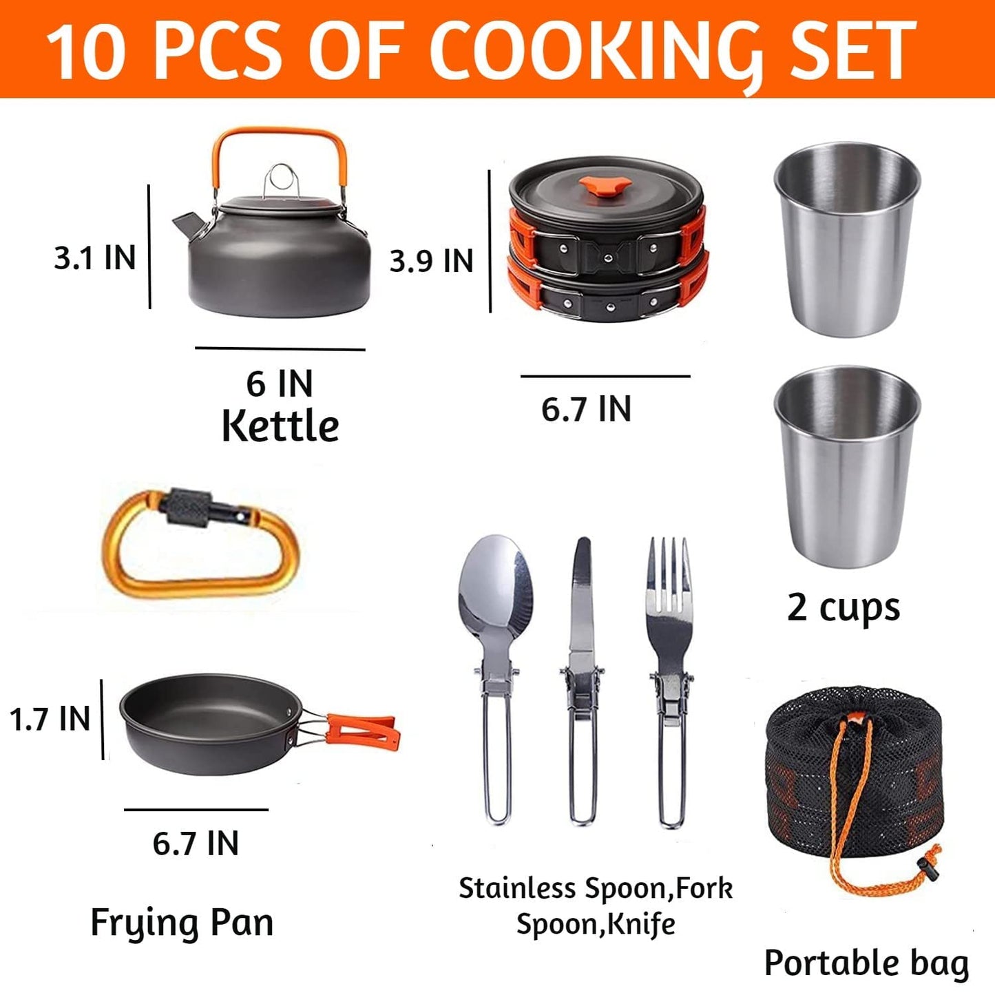 Linist Camping Cookware Mess Kit Campfire Kettle Outdoor Hiking Backpacking Picnic Cooking Pot Pan Bowl, Mini Stove, Stainless Steel Cup,Spoon Set for 2 to 3 Person