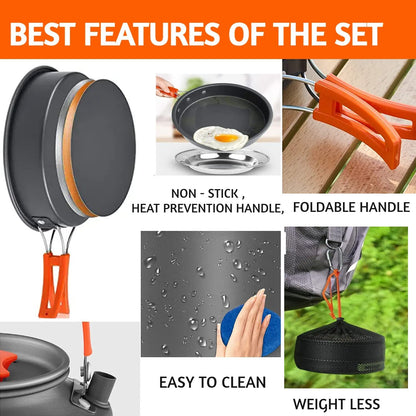 Linist Camping Cookware Mess Kit Campfire Kettle Outdoor Hiking Backpacking Picnic Cooking Pot Pan Bowl, Mini Stove, Stainless Steel Cup,Spoon Set for 2 to 3 Person