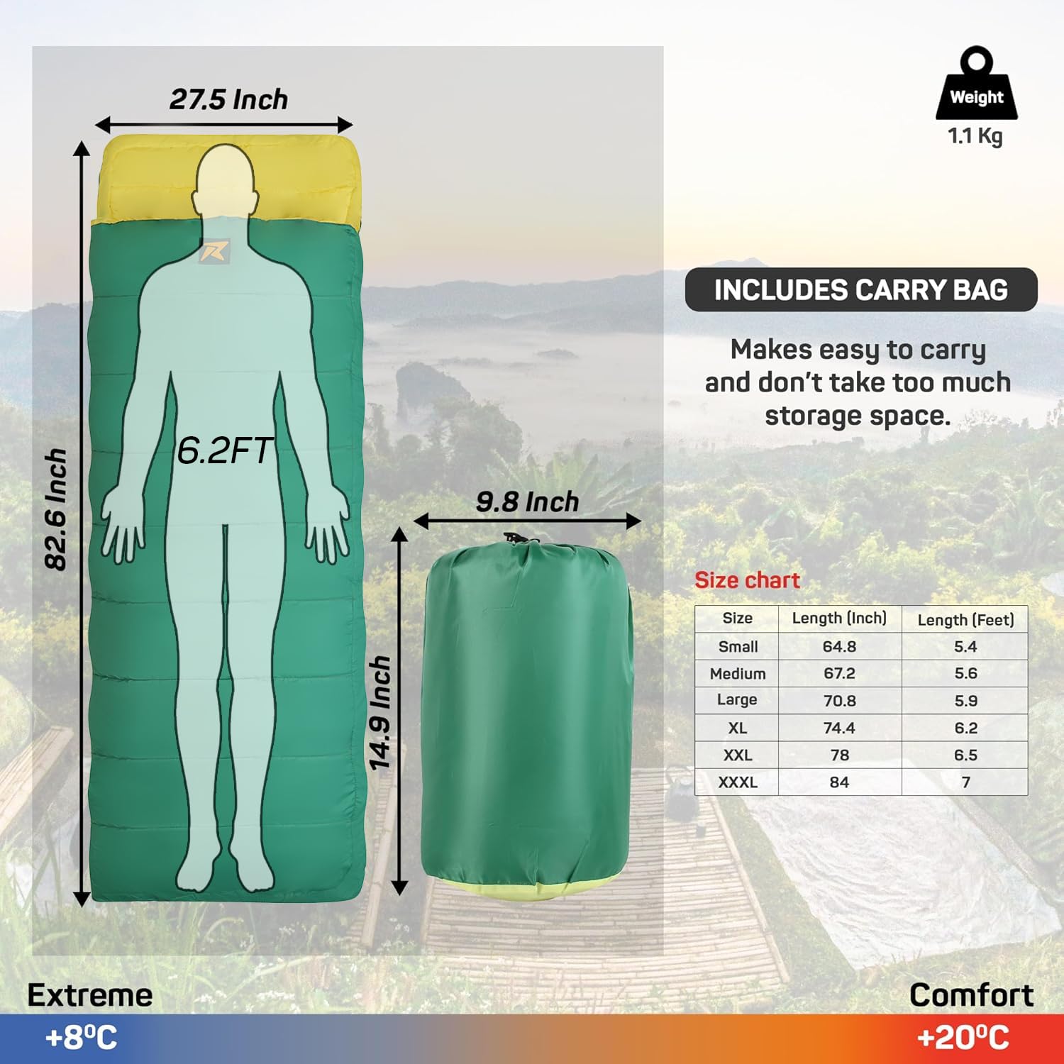 Sleeping Bag Camp Lite +8°C + 20°C (Yellow - Green) - The Adventure Hut