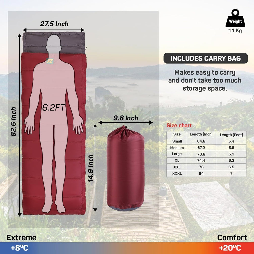 Sleeping Bag Camp Lite +8°C + 20⁰ C (Maroon - Grey) - The Adventure Hut