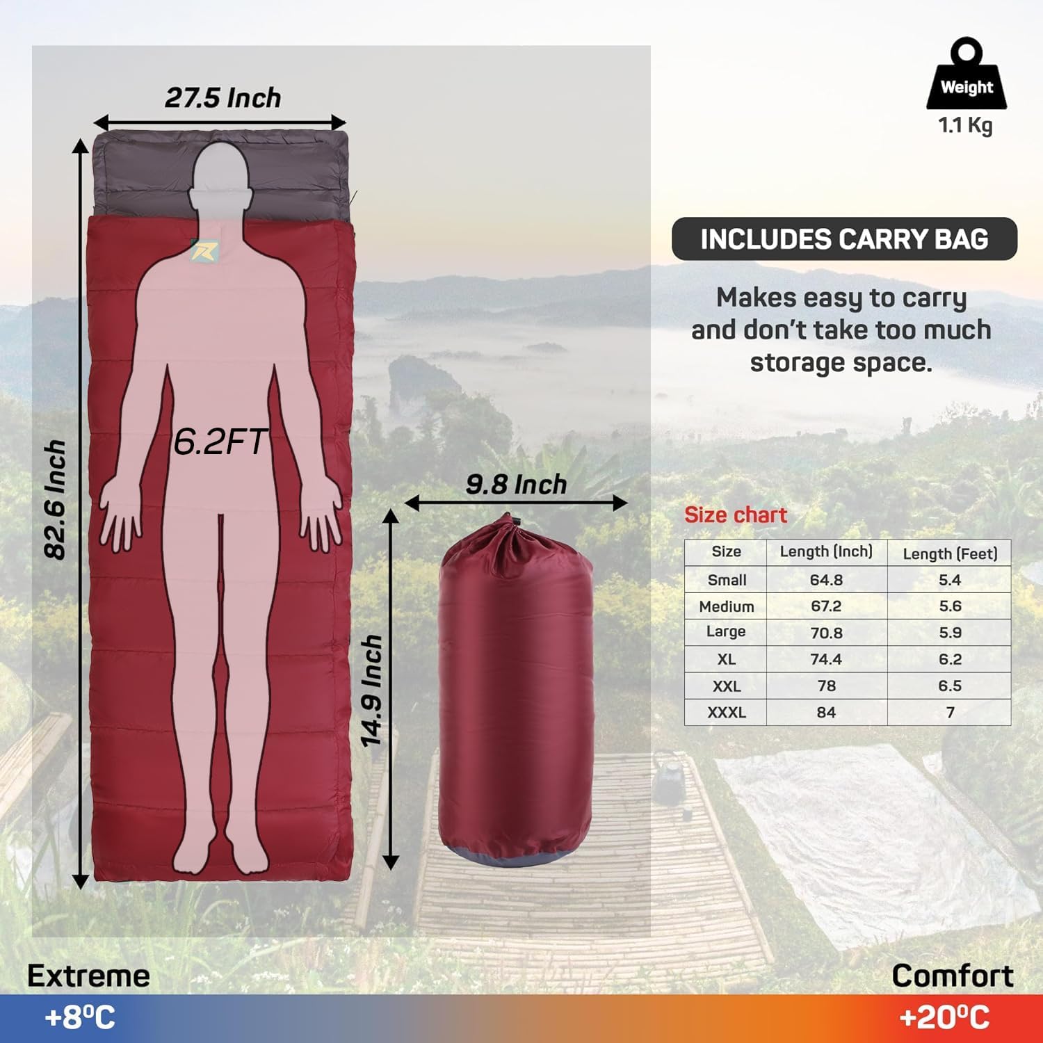 Sleeping Bag Camp Lite +8°C + 20⁰ C (Maroon - Grey) - The Adventure Hut