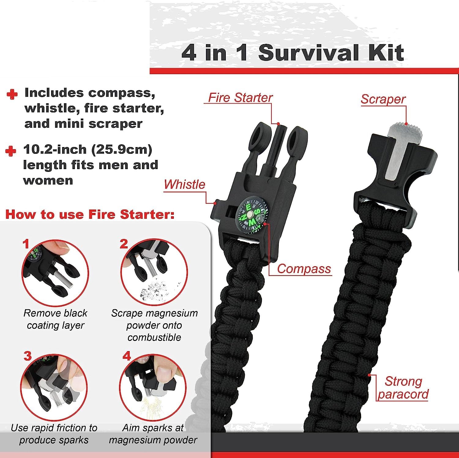 Survival Paracord Whistle Hiking Compass Camping Fire Starter Kit Bracelet (Black) - The Adventure Hut