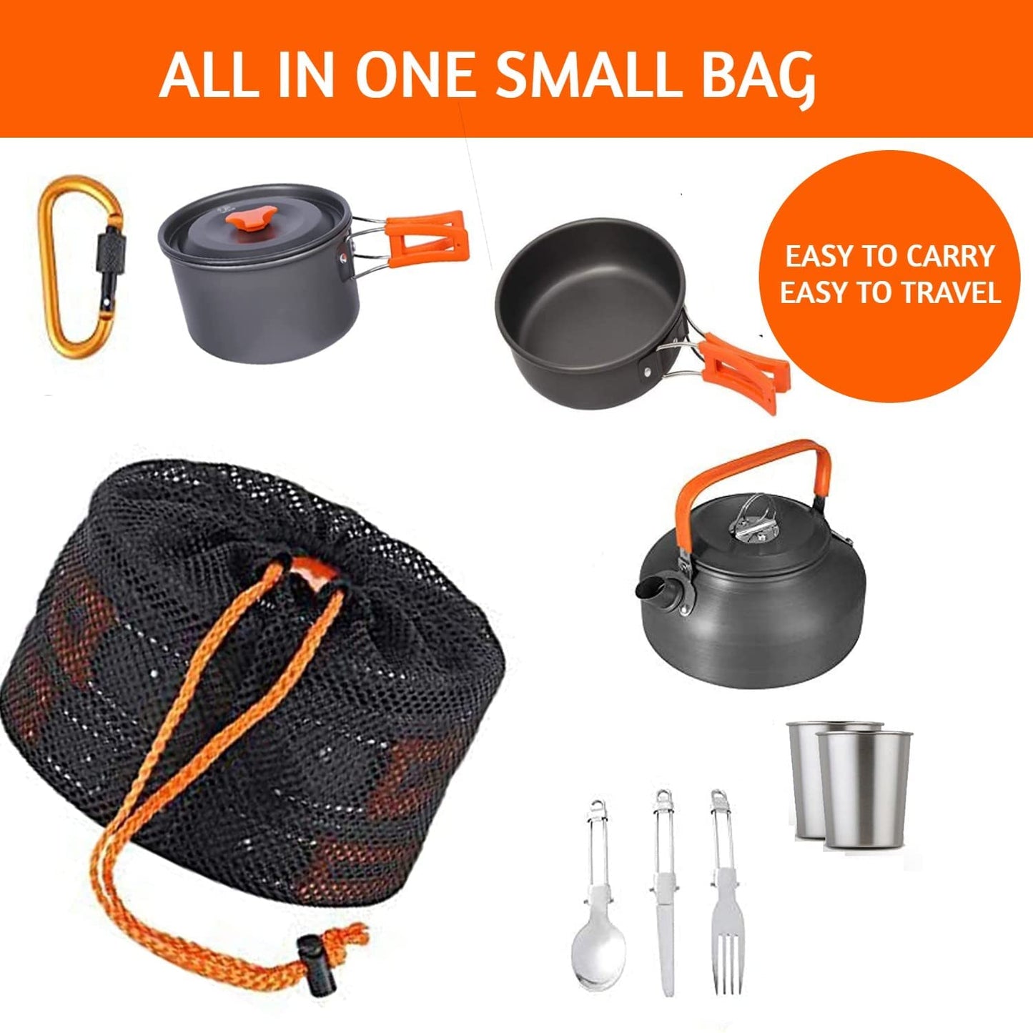 Linist Camping Cookware Mess Kit Campfire Kettle Outdoor Hiking Backpacking Picnic Cooking Pot Pan Bowl, Mini Stove, Stainless Steel Cup,Spoon Set for 2 to 3 Person