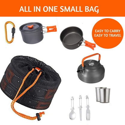 Linist Camping Cookware Mess Kit Campfire Kettle Outdoor Hiking Backpacking Picnic Cooking Pot Pan Bowl, Mini Stove, Stainless Steel Cup,Spoon Set for 2 to 3 Person