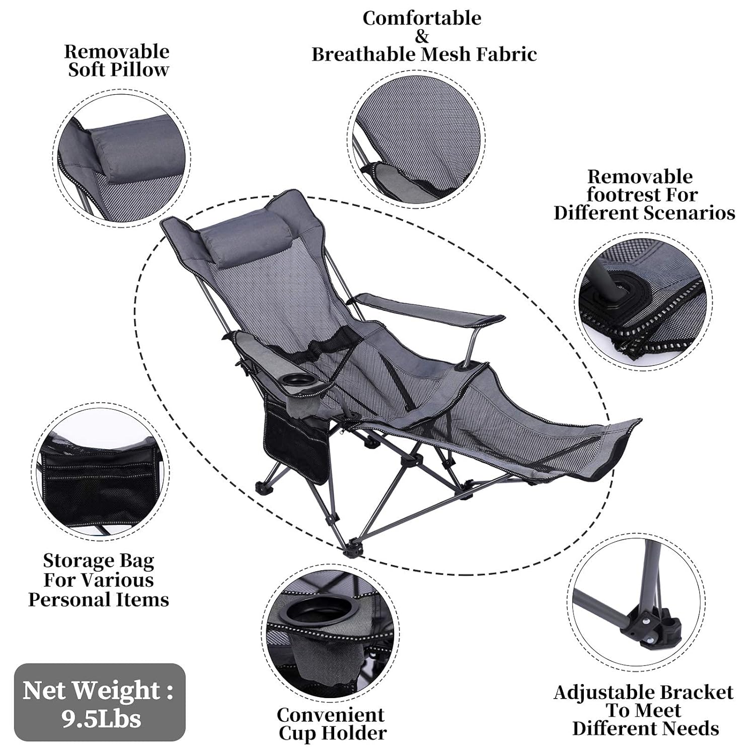 Reclining Camping Chair, 4 Adjustable Positions, Portable Folding Lounger for Adults - Grey | THE ADVENTURE HUT