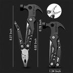 Multitool with hammer and pliers features, showing dimensions on a black background.