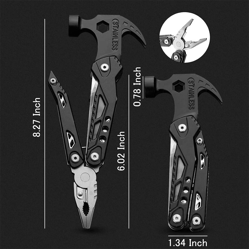 Multitool with hammer and pliers features, showing dimensions on a black background.