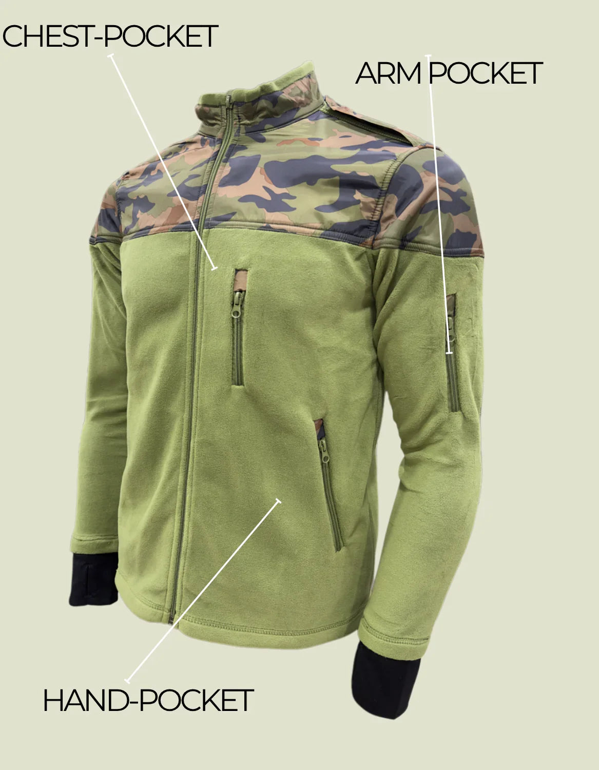 Adventure Hut Tactical Light Olive & Camo Winter Fleece Jacket | Para-Fabric Shoulder Panels with Utility Pockets
