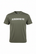 Green t-shirt with 'AIRBORNE' text on a white background