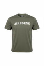 Green t-shirt with 'AIRBORNE' text on a white background