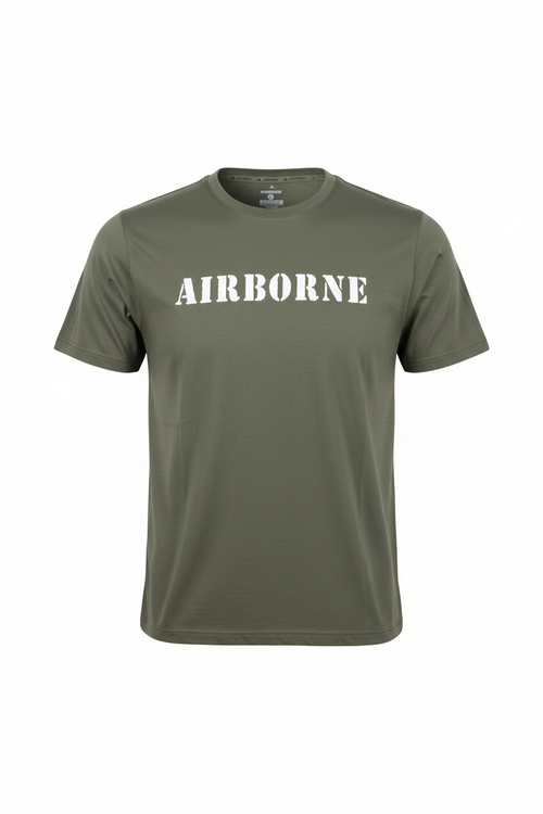 Green t-shirt with 'AIRBORNE' text on a white background