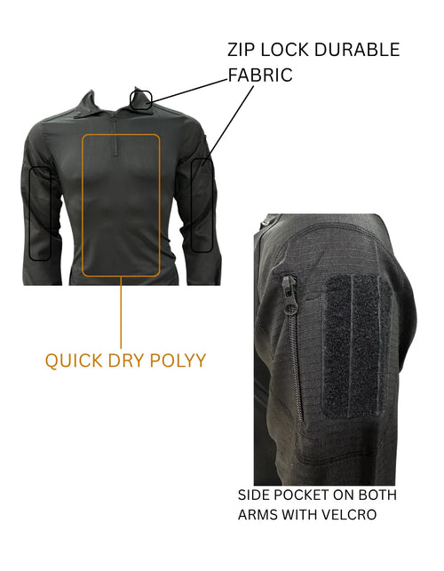 Adventure Hut 2-Pocket Tactical Combat T-Shirt – Black (Quick Dry, Zip-Lock Sleeves, Arm Pockets with Velcro)