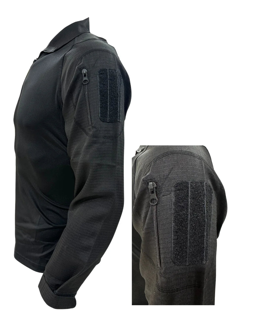 Adventure Hut 2-Pocket Tactical Combat Shirt – Black (Quick Dry, Zip-Lock Sleeves, Arm Pockets with Velcro)