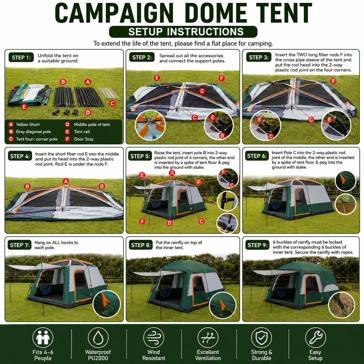 Adventure Hut 4-6 Person Waterproof Family Camping Dome Tent