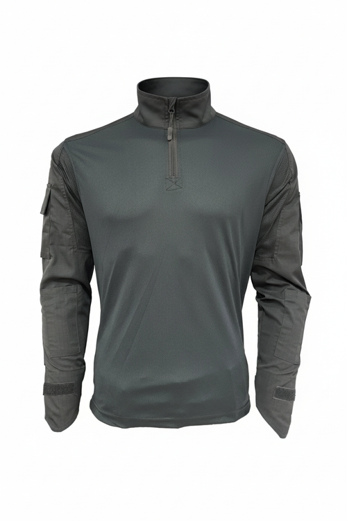 Black long-sleeve shirt with a quarter zip on a white background