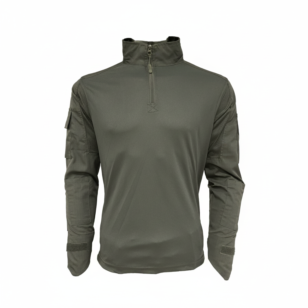 Gray long-sleeve shirt with a quarter zip on a white background
