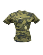Camouflage-patterned t-shirt on a white background