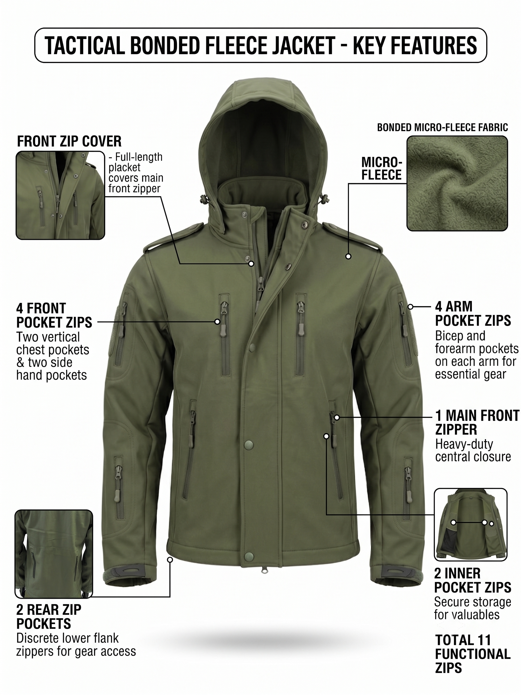 The Adventure Hut Tactical Bonded Fleece Jacket – Army Green