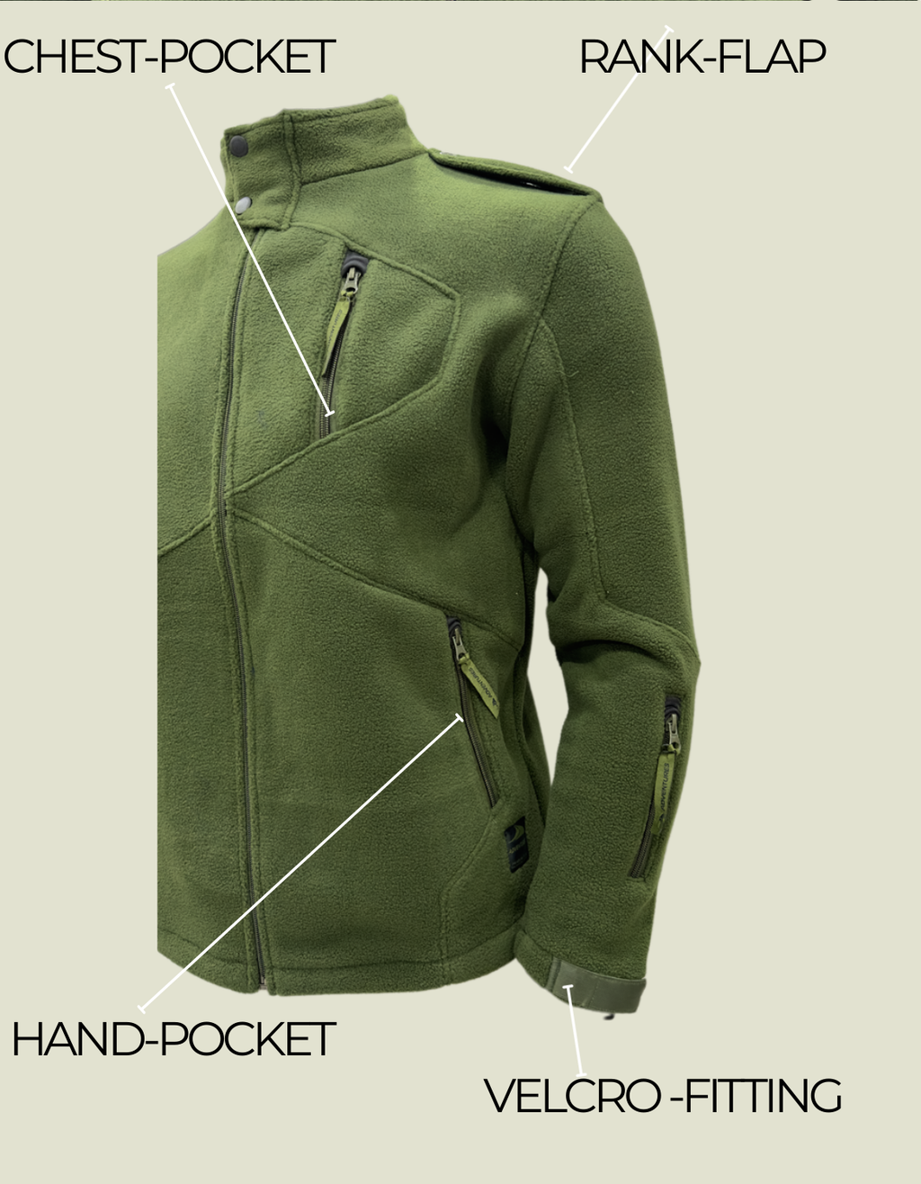 Army Green Heavy Fleece Jacket Close 5 Zip with Rank Flaps – The Adventure Hut