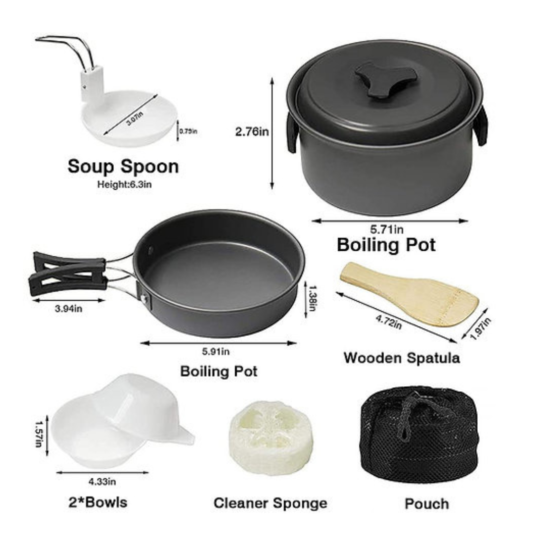 The Adventure Hut 8-Piece Camping Cookware Set | Lightweight Aluminum for Backpacking & Picnics