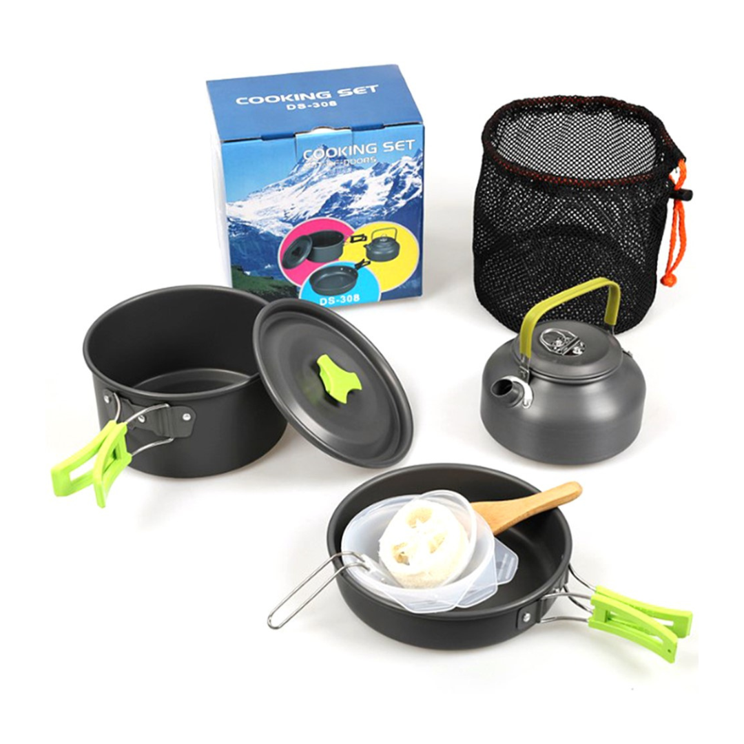 Portable Frying Pan Tea Pot Hard Alumina Camping Cookware Set for 2-3 People (No FDA, BPA-Free) [DS-308]
