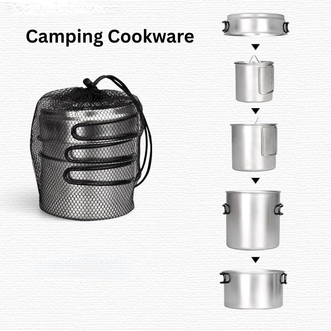 Stainless Steel Camping Cookware Set – 5-Piece Lightweight Pots, Pans & Mugs with Folding Handles for Outdoor Cooking