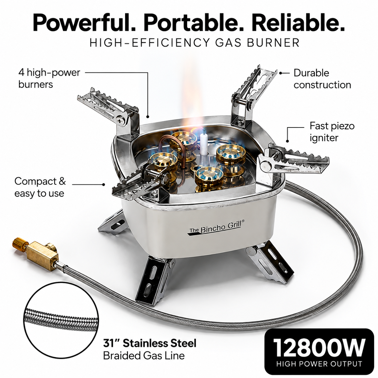 Portable 4 Burner Camping Gas Stove with Braided Hose & Butane Converter