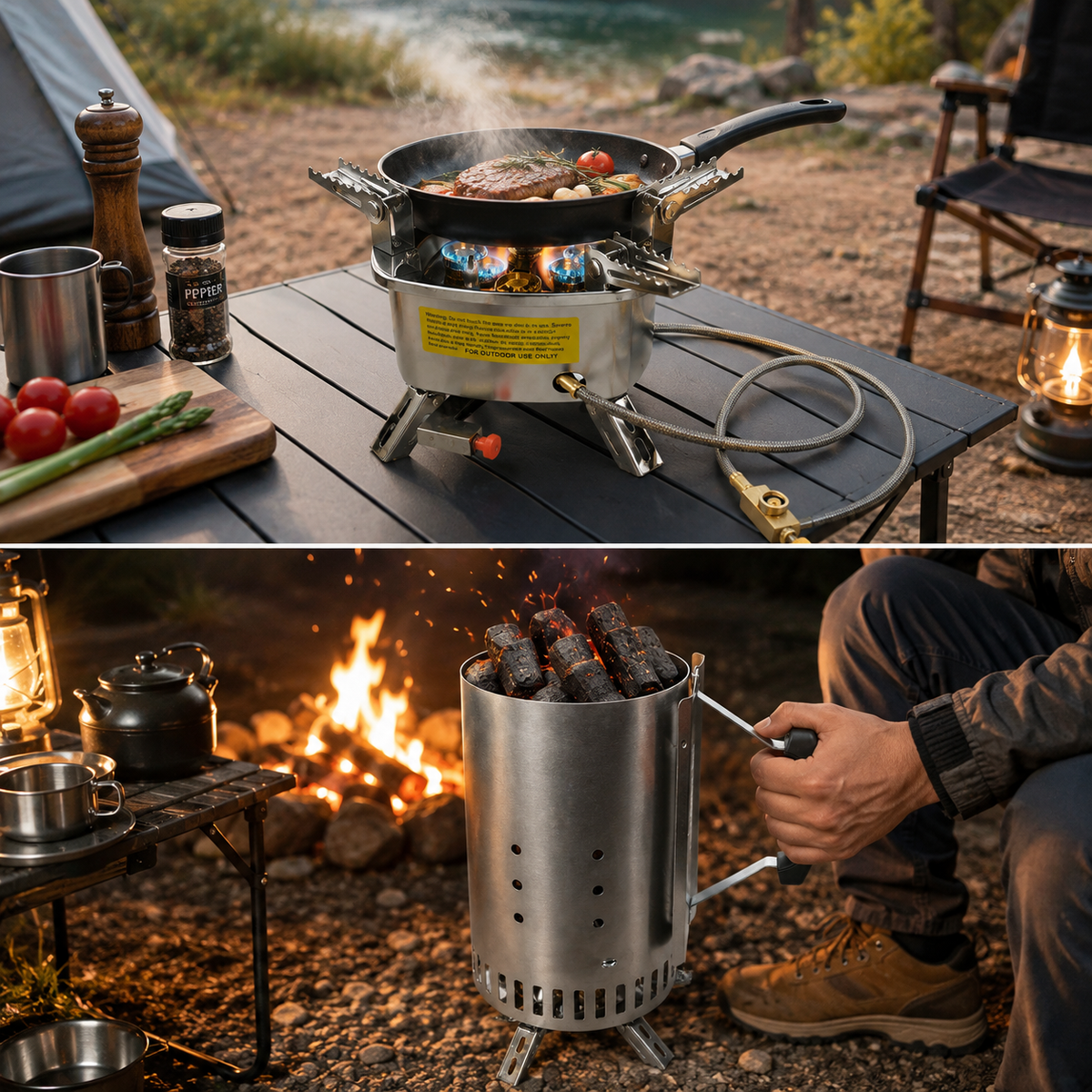 Portable 4 Burner Camping Gas Stove with Braided Hose & Butane Converter