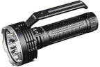 Black flashlight with a textured grip on a white background
