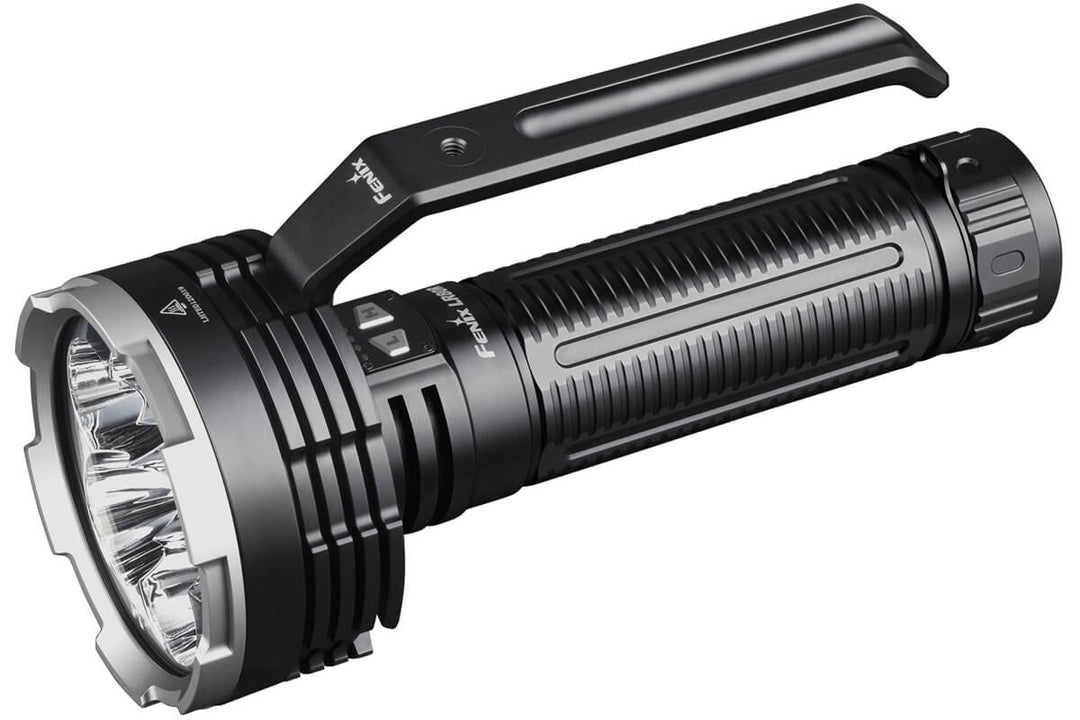 Black flashlight with a textured grip on a white background