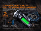 Fenix flashlight with text about battery capacity and usage on a dark background