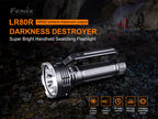 Fenix LR80R flashlight with text on a dark background