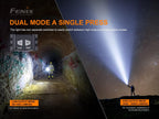 Fenix flashlight being used in a tunnel and outdoors with text on dual mode operation.