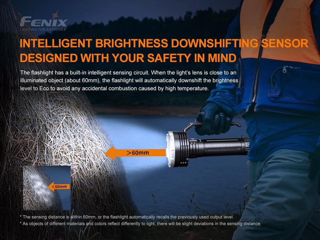 Person holding a flashlight with text about intelligent brightness downshifting sensor