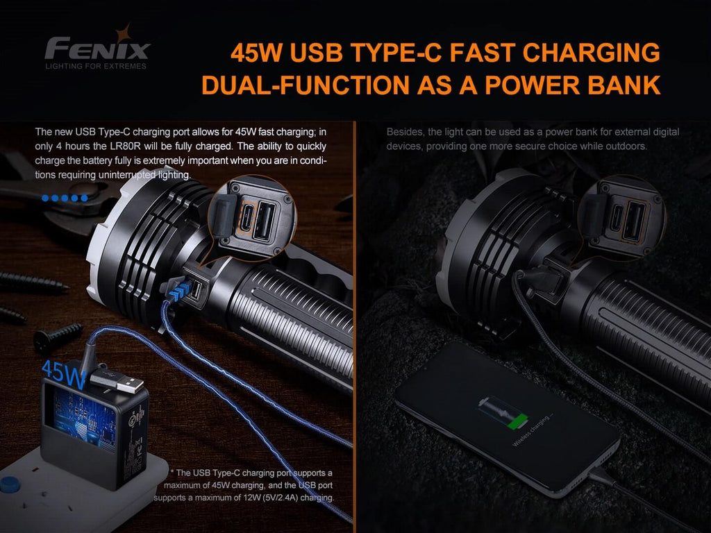 Fenix USB Type-C fast charging device with dual-function power bank on a dark background