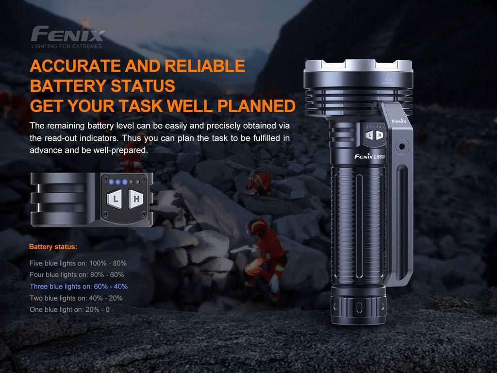 Fenix flashlight with battery status indicators on a dark background