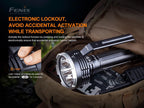 Fenix flashlight with electronic lockout feature displayed on a dark background