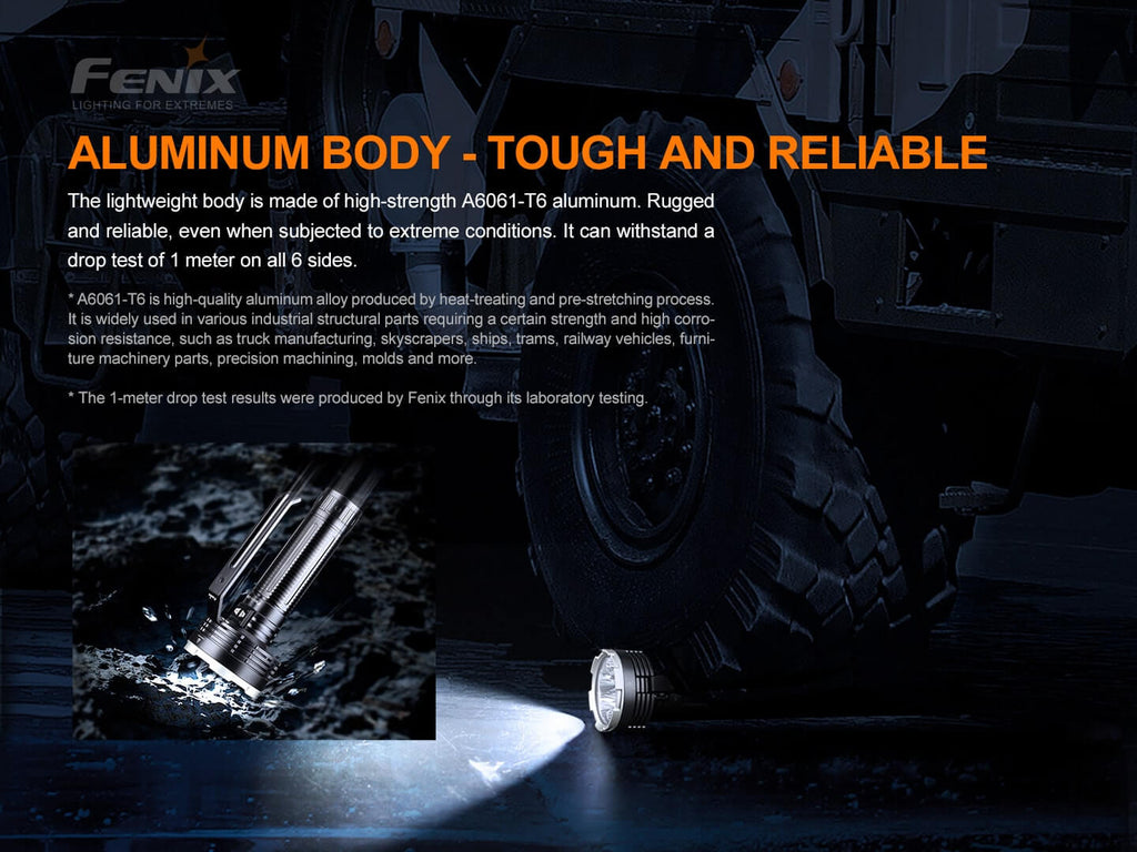 Fenix flashlight with text highlighting aluminum body durability