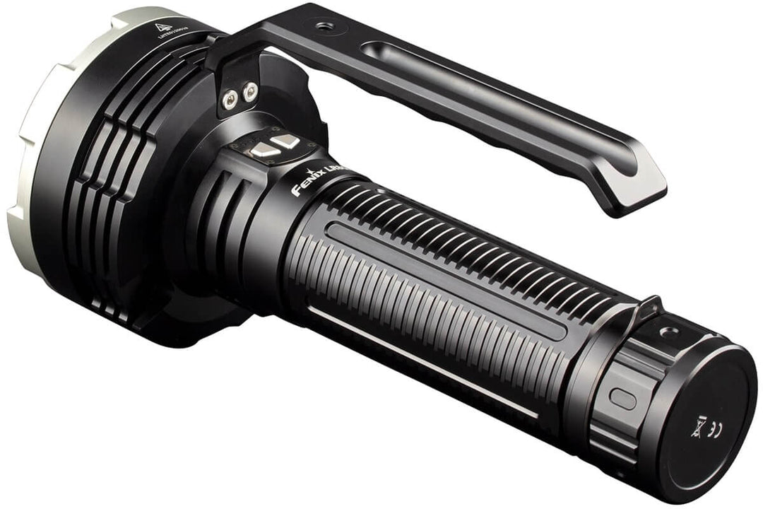 Black flashlight with visible brand logo on a white background