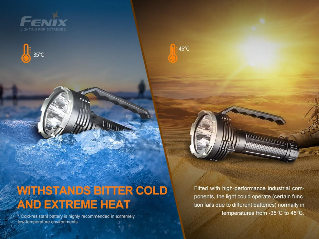 Two flashlight illustrations on a split background showing cold and heat resistance, with FENIX branding.