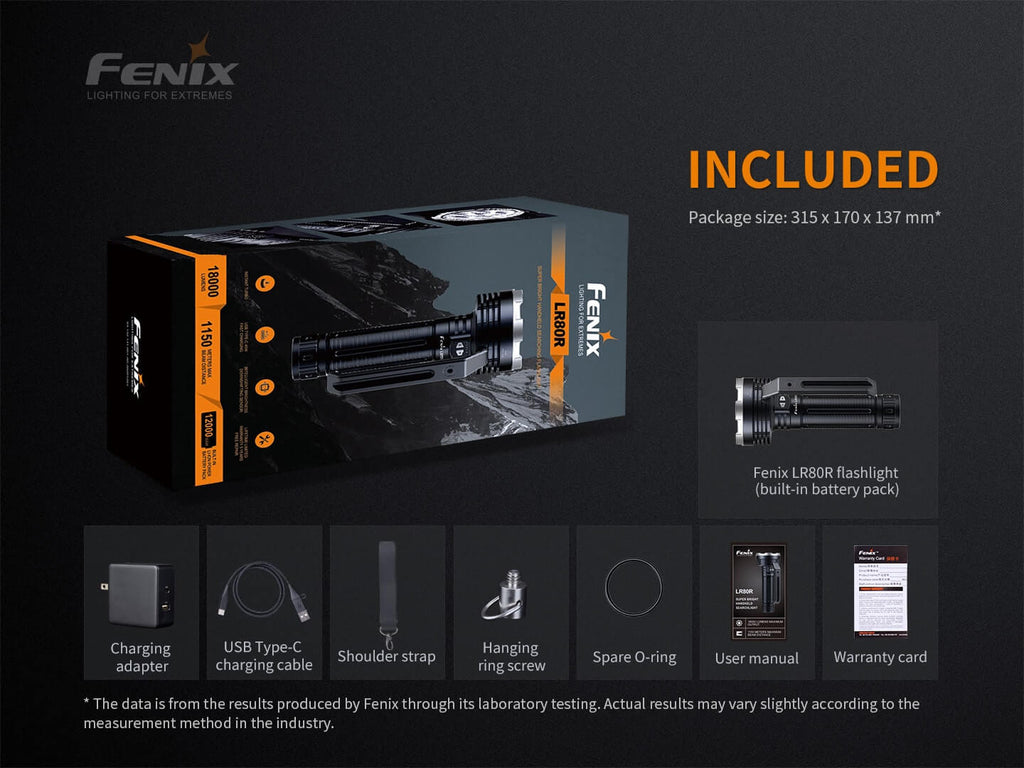 Fenix flashlight packaging with included items on a dark background