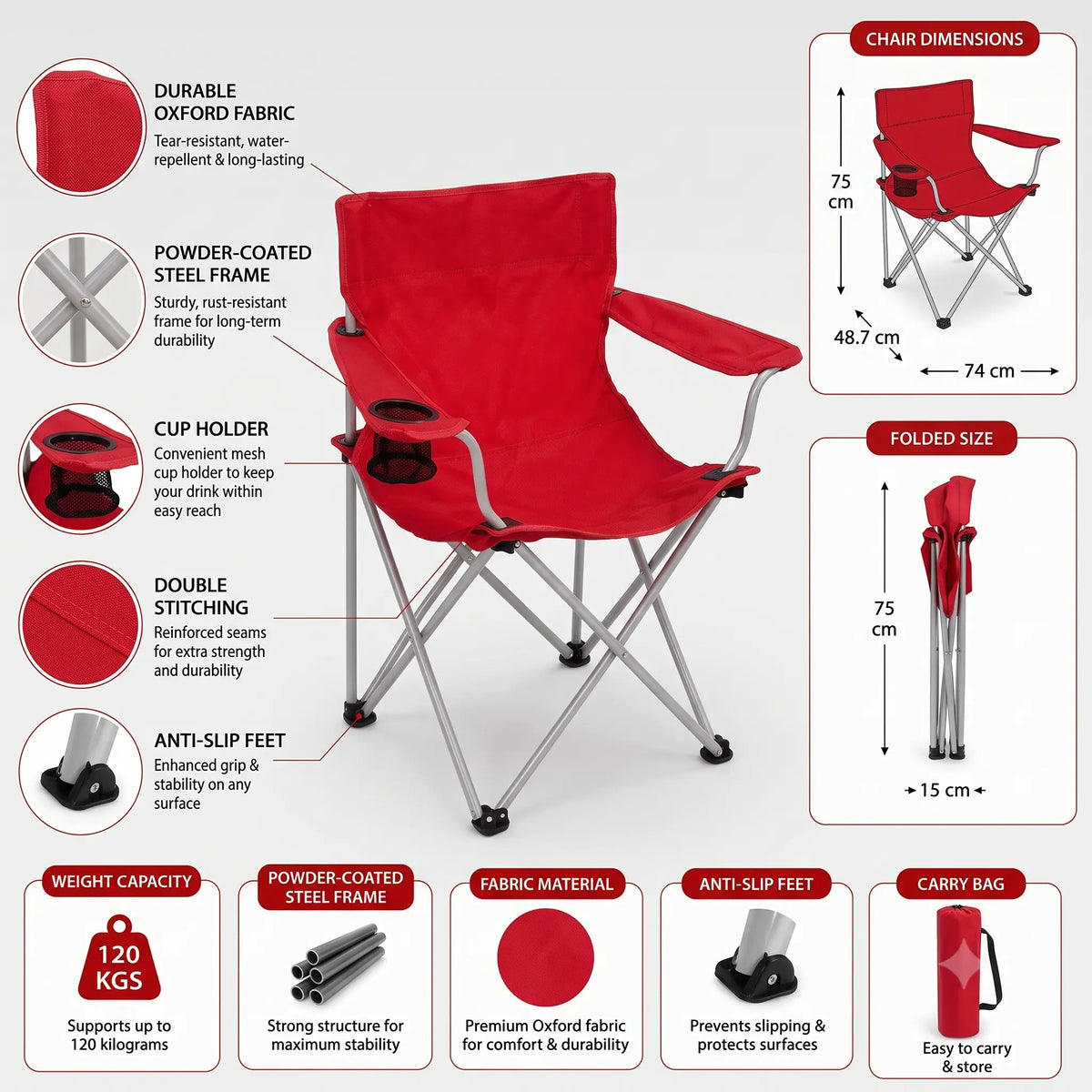 Folding Camping Chair with Cup Holder & Armrests 120 Kg max Cap. - Red | The Adventure Hut
