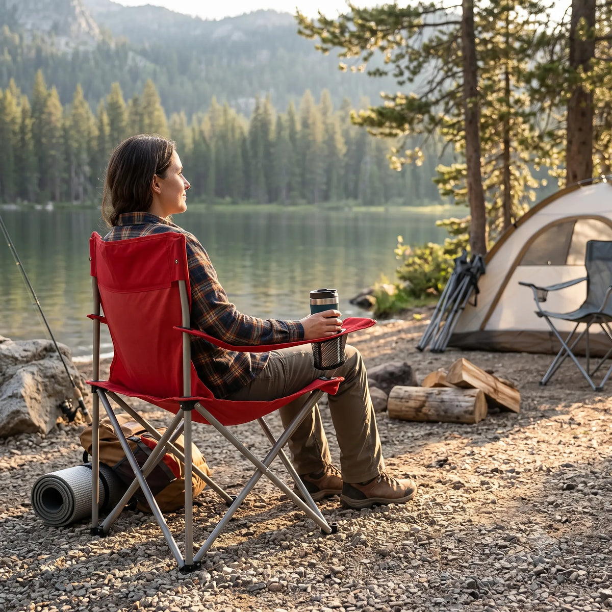 Folding Camping Chair with Cup Holder & Armrests 120 Kg max Cap. - Red | The Adventure Hut