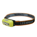 LED headlamp flashlight with yellow casing and adjustable black and orange strap